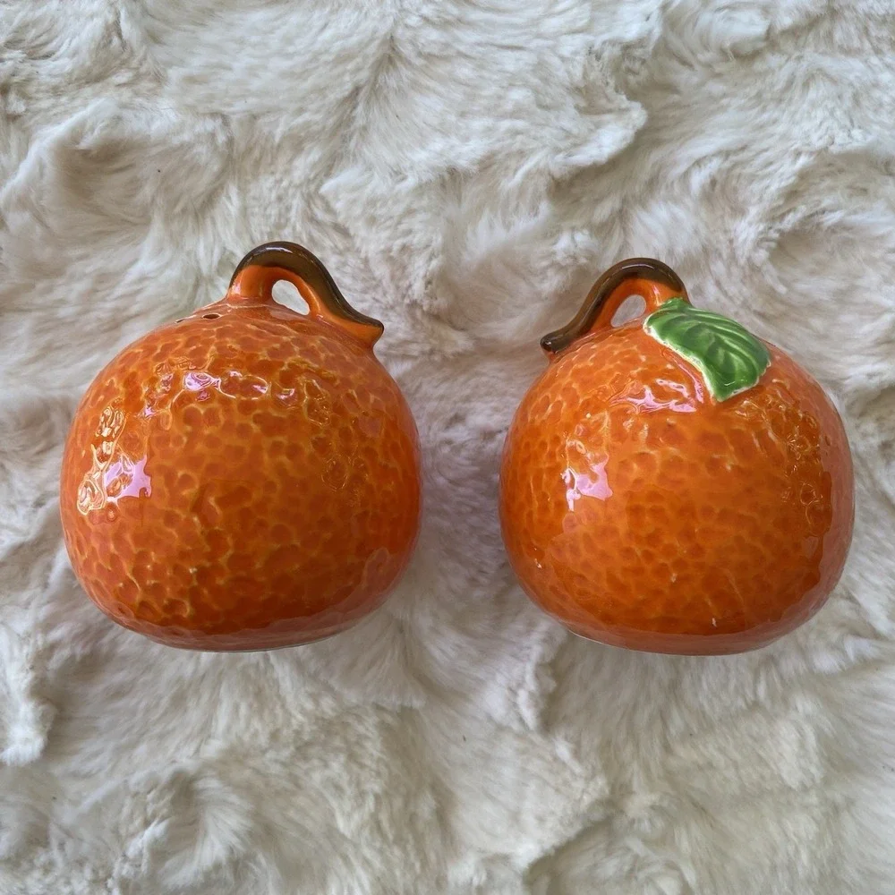 Vintage Orange Salt And Pepper Shakers Set Ceramic Retro Fruit Kitchen Cute